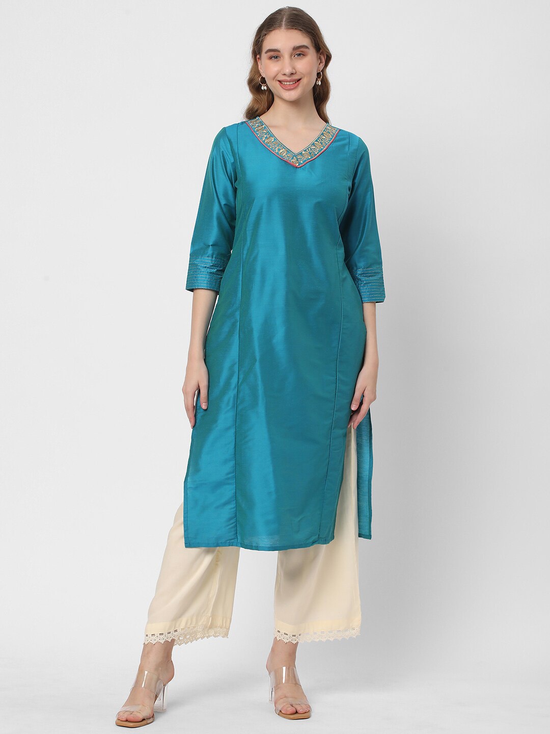 

R&B Floral Yoke Design Thread Work Cotton Straight Kurta, Blue