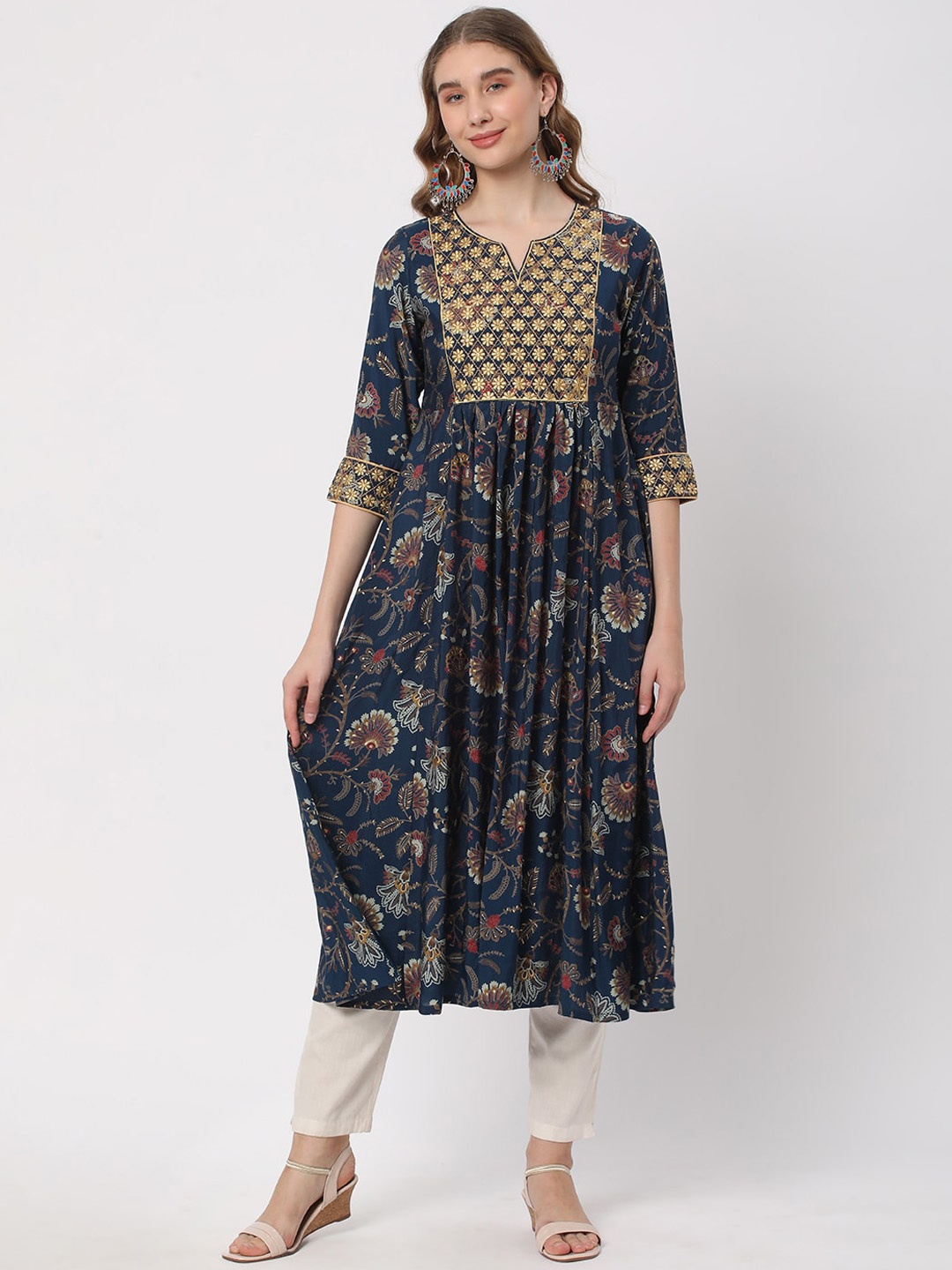 

R&B Floral Printed Thread Work Pleated A-Line Kurta, Blue