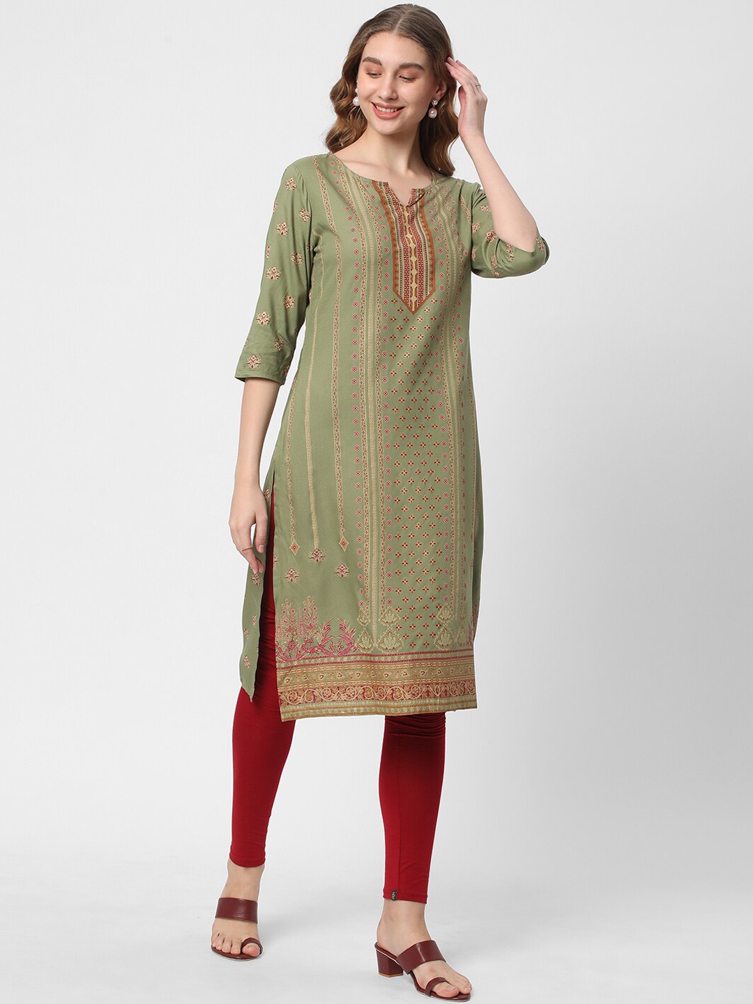 

R&B Ethnic Motifs Printed Straight Kurta, Olive