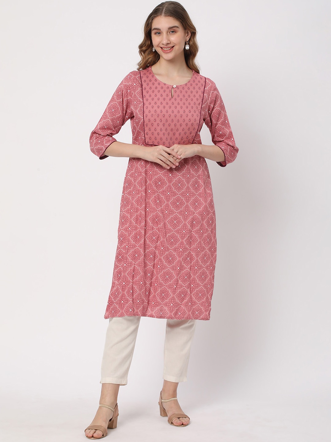

R&B Ethnic Motifs Printed Keyhole Neck Straight Kurta, Pink