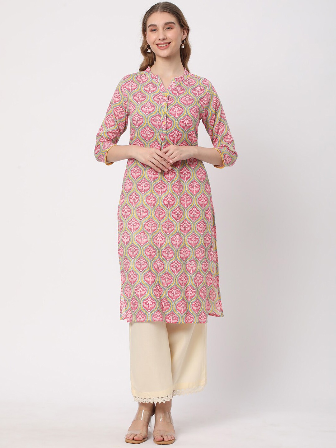 

R&B Ethnic Motifs Mandarin Collar Three-Quarter Sleeve Cotton Straight Kurta, Pink
