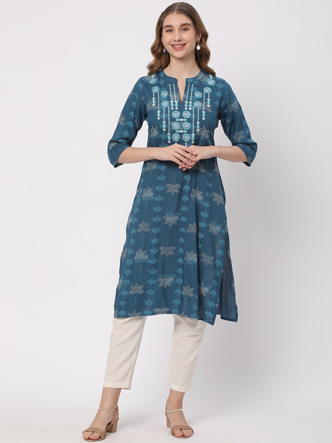 

R&B Floral Embroidered Mandarin Collar Three-Quarter Sleeve Straight Kurta, Blue