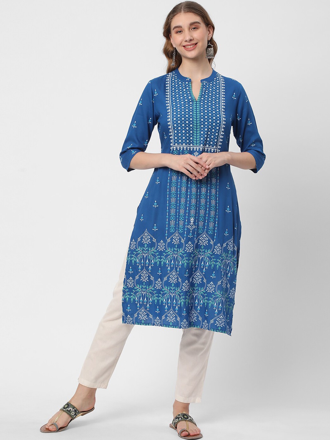 

R&B Floral Printed Mandarin Collar Straight Kurta, Blue