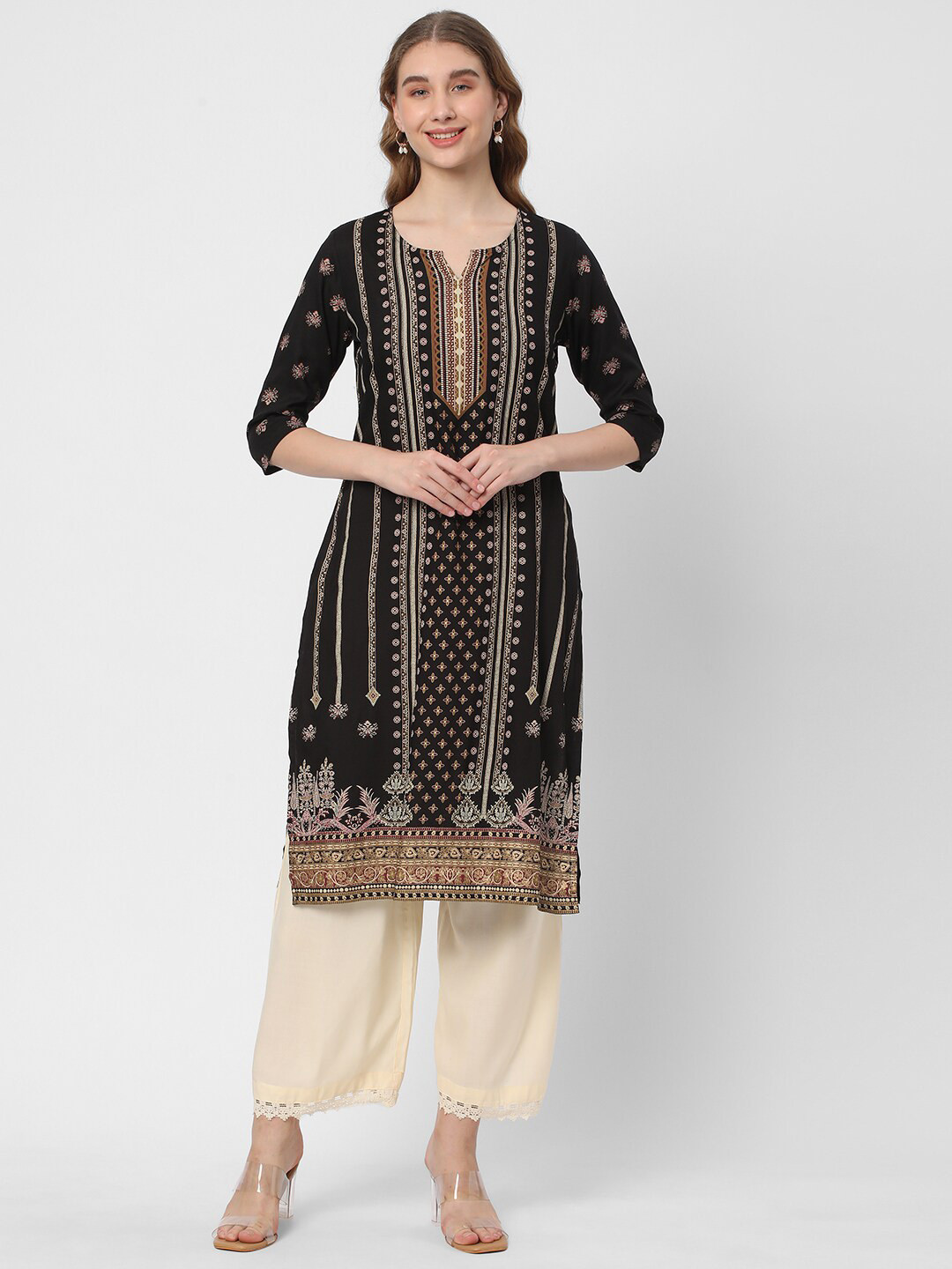 

R&B Ethnic Motifs Printed Straight Kurta, Black