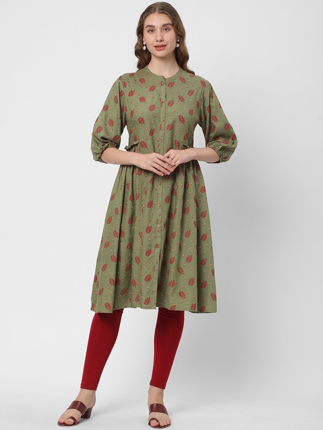 

R&B Ethnic Motifs Printed Anarkali Kurta, Olive