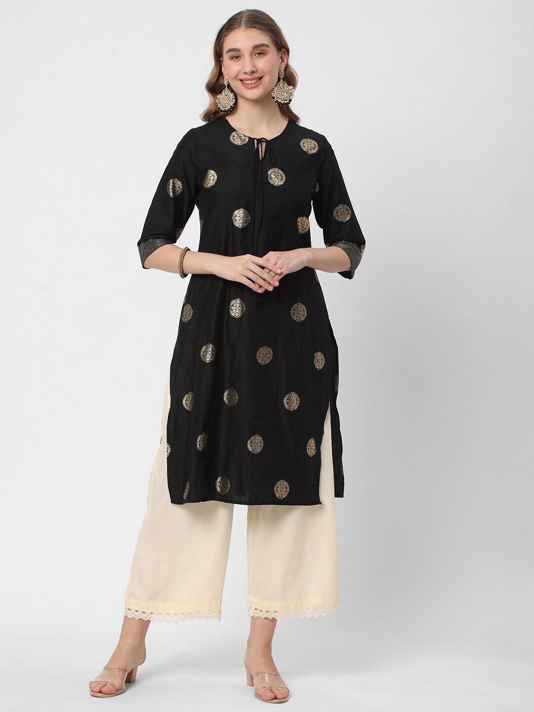 

R&B Ethnic Motifs Printed Tie Up Neck Kurta, Black