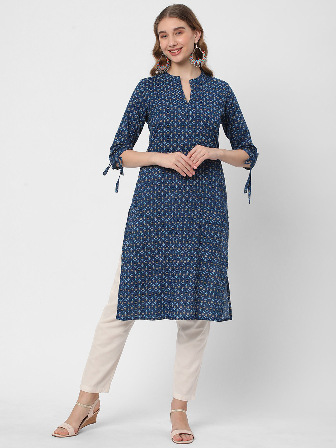 

R&B Ethnic Motifs Printed Band Collar Straight Kurta, Blue
