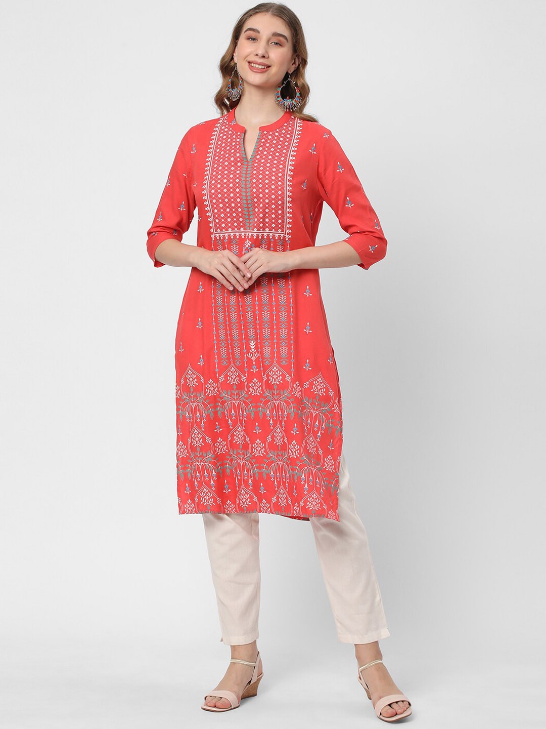 

R&B Ethnic Motifs Printed Mandarin Collar Kurta, Peach