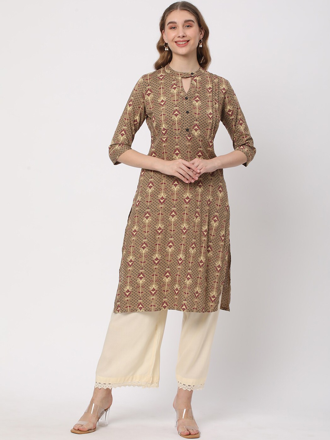 

R&B Ethnic Motifs Printed Keyhole Neck Straight Kurta, Brown