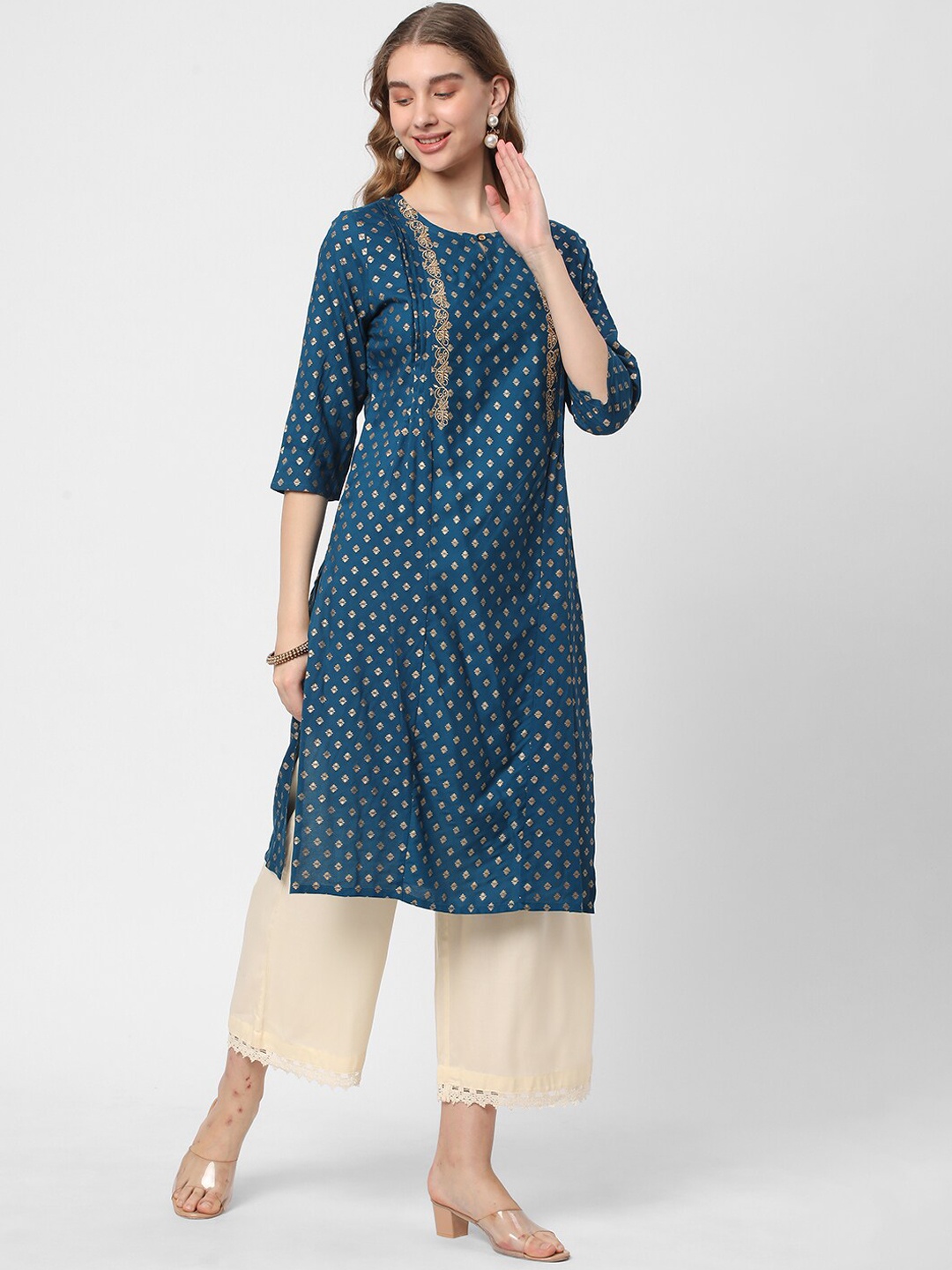 

R&B Ethnic Motifs Printed Thread Work Straight Kurta, Blue