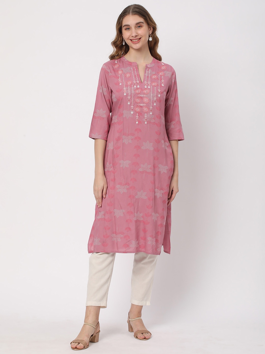 

R&B Ethnic Motifs Printed Band Collar Straight Kurta, Pink