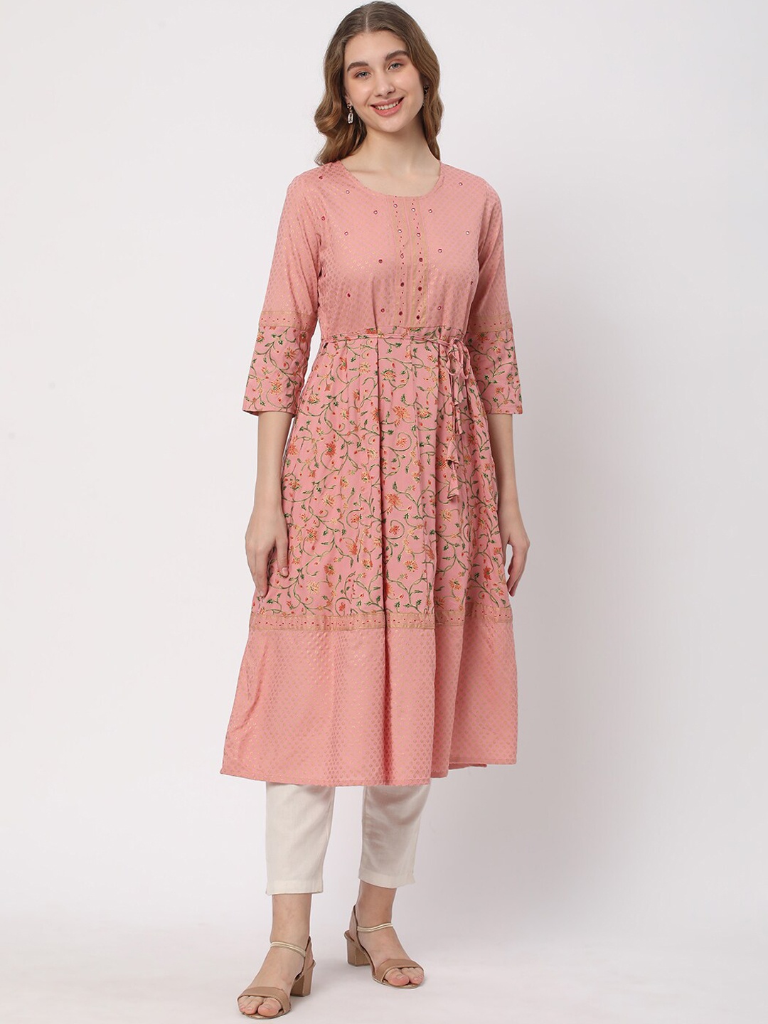 

R&B Floral Printed Round Neck Anarkali Kurta, Pink