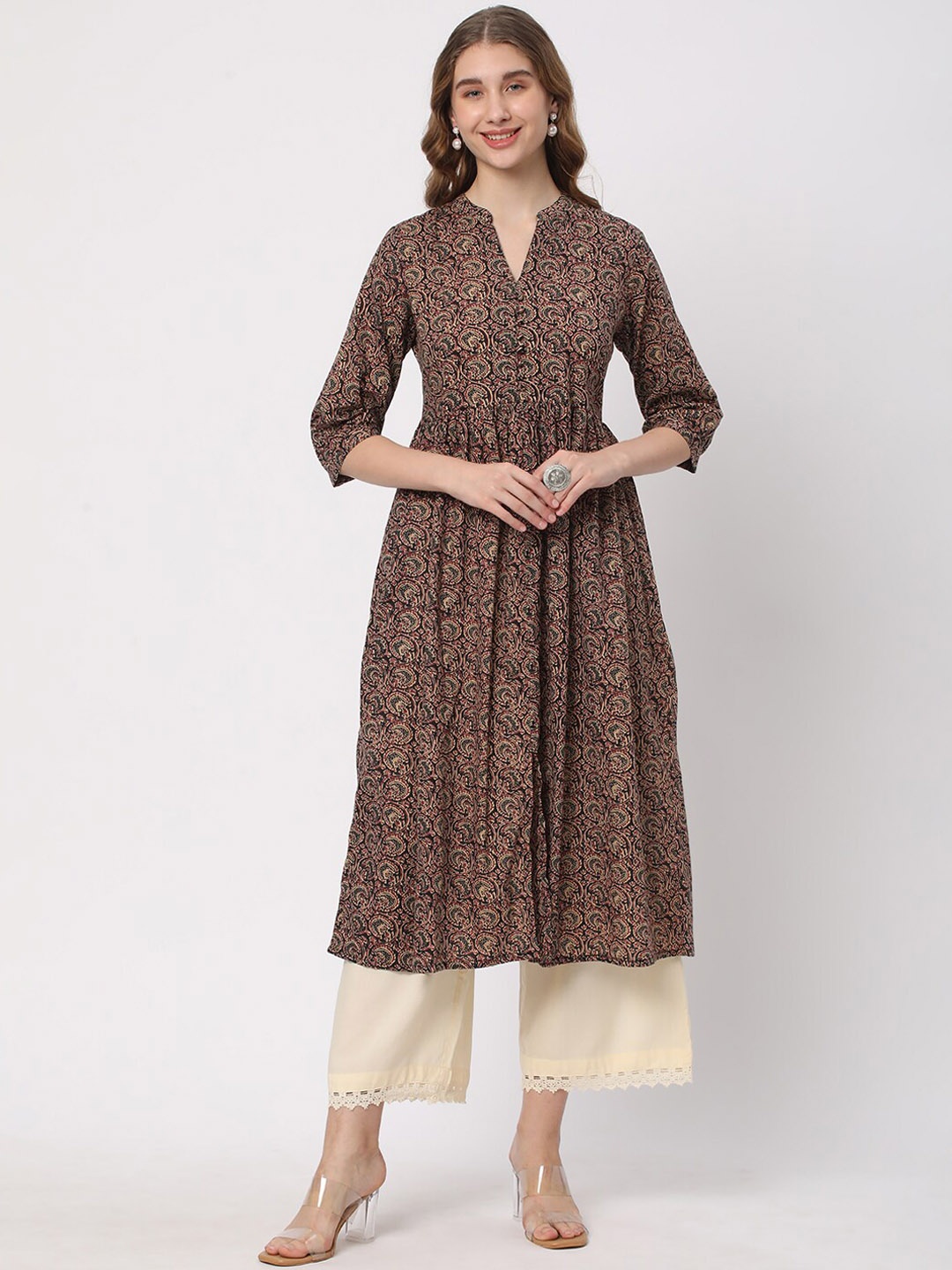 

R&B Ethnic Motifs Printed Mandarin Collar A-Line Kurta, Black