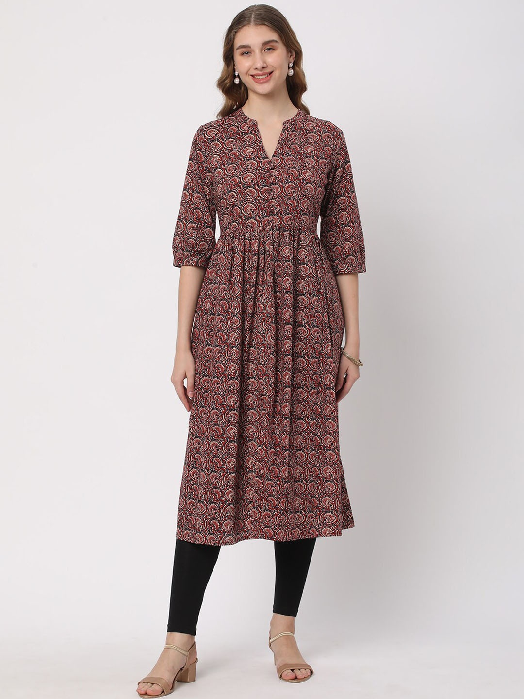 

R&B Quirky Printed Mandarin Collar Cuffed Sleeve Pleated Cotton A-Line Kurta, Brown