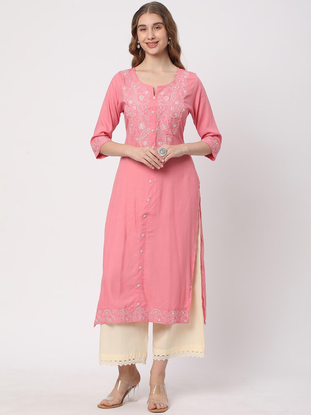 

R&B Ethnic Motifs Embroidered Three-Quarter Sleeve Straight Kurta, Pink