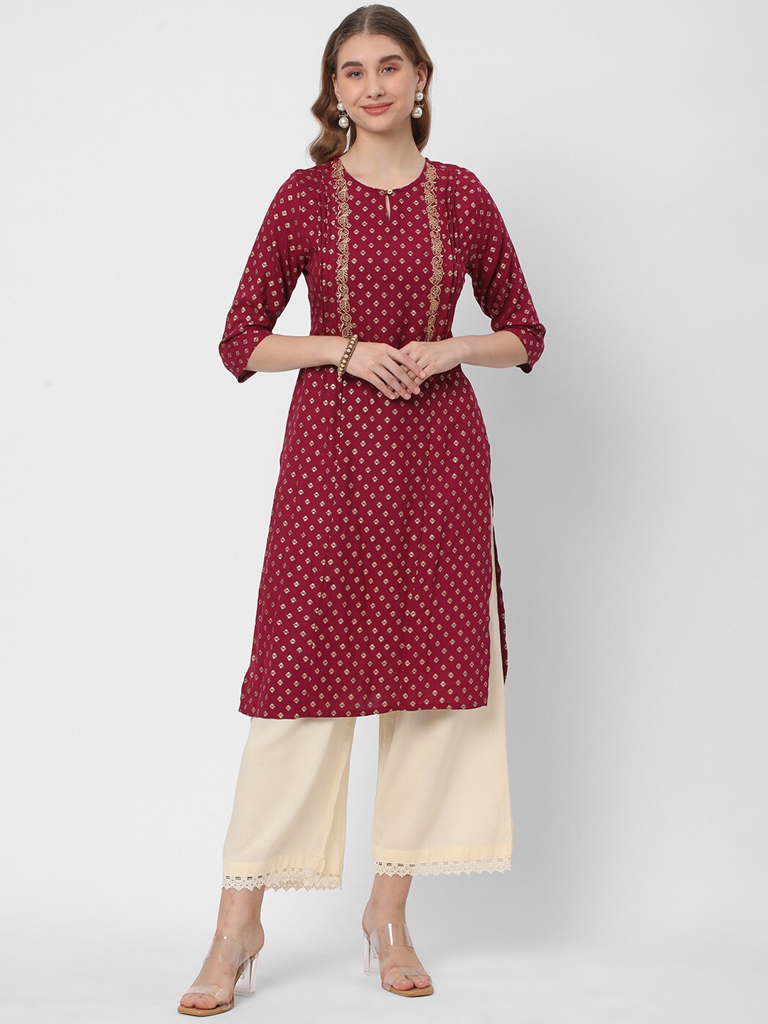 

R&B Ethnic Motifs Printed Thread Work Straight Kurta, Red