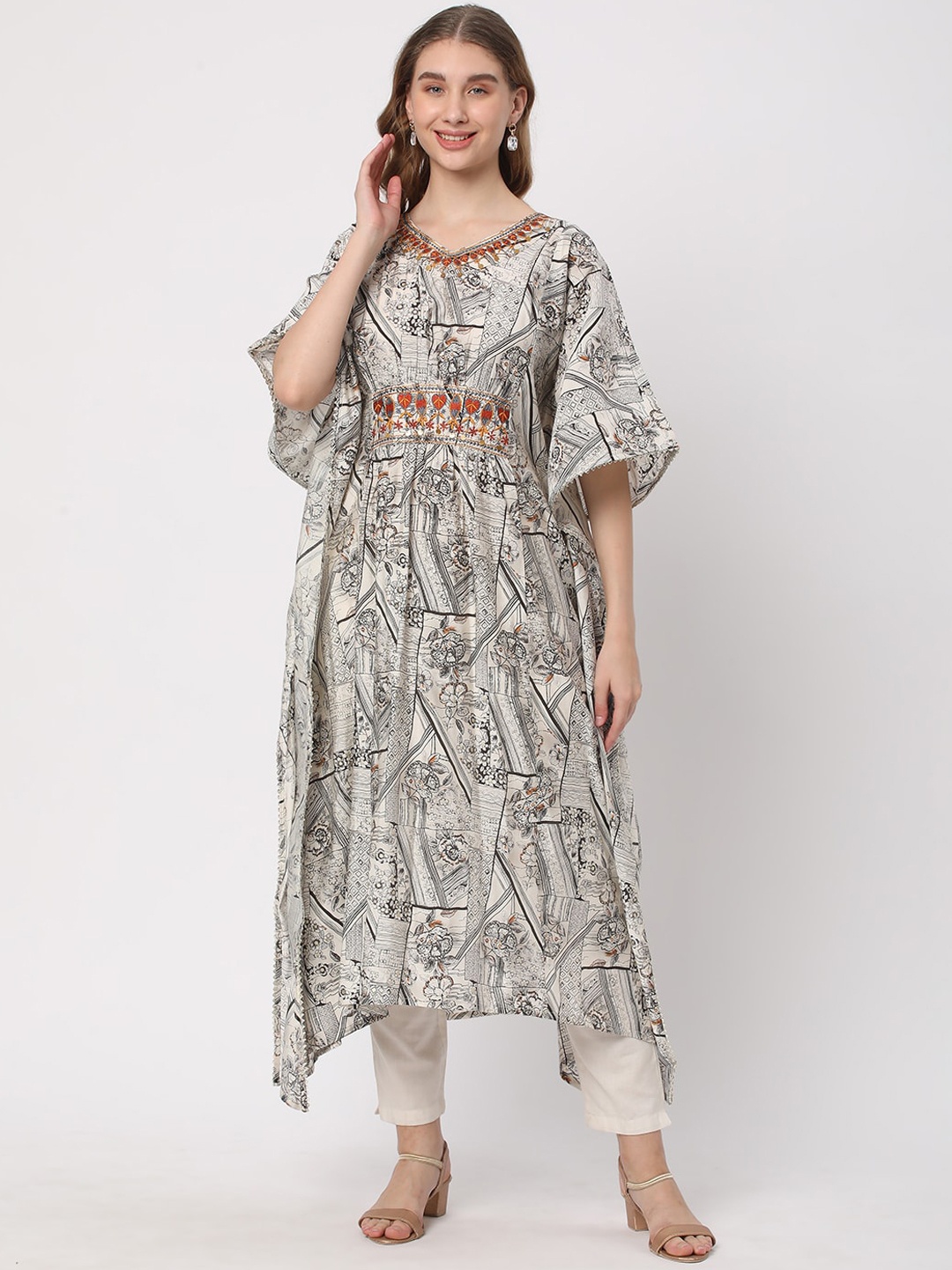 

R&B Abstract Printed Flutter Sleeves Kaftan Kurta, White