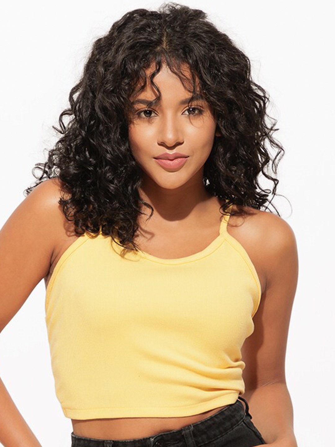 

Urban Sundari Shoulder Straps Sleeveless Tie-Ups Detail Fitted Crop Top, Yellow
