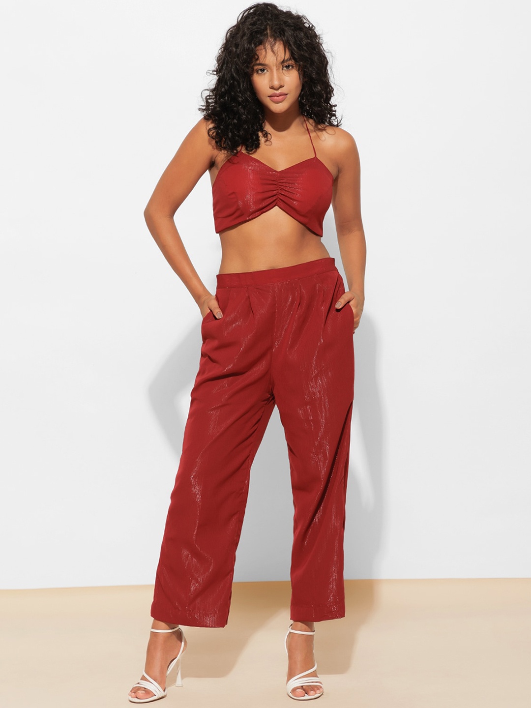 

Urban Sundari Halter Neck Padded Crop Top With High Waist Trousers, Brown