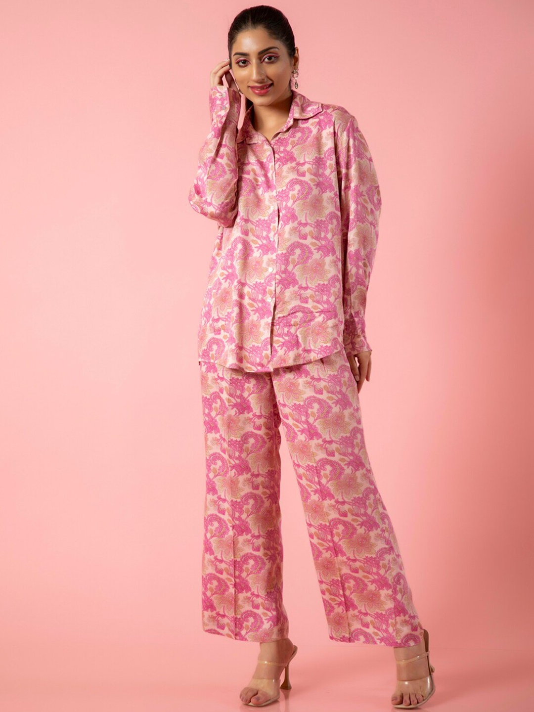 

Urban Sundari Printed Shirt & Flared Trouser Co-Ords, Pink