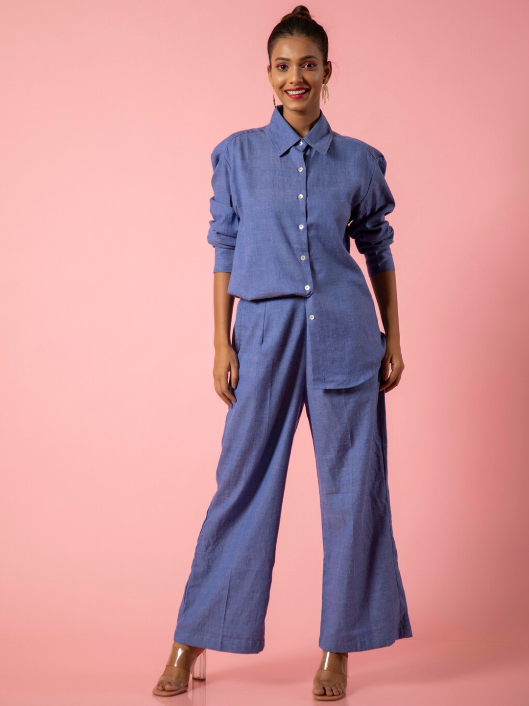 

Urban Sundari Shirt Collar Neck Shirt & Flared Trouser, Blue