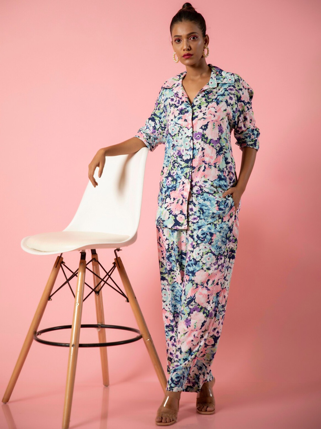 

Urban Sundari Floral Printed Shirt Collar Neck Shirt & Flared Trouser, Blue