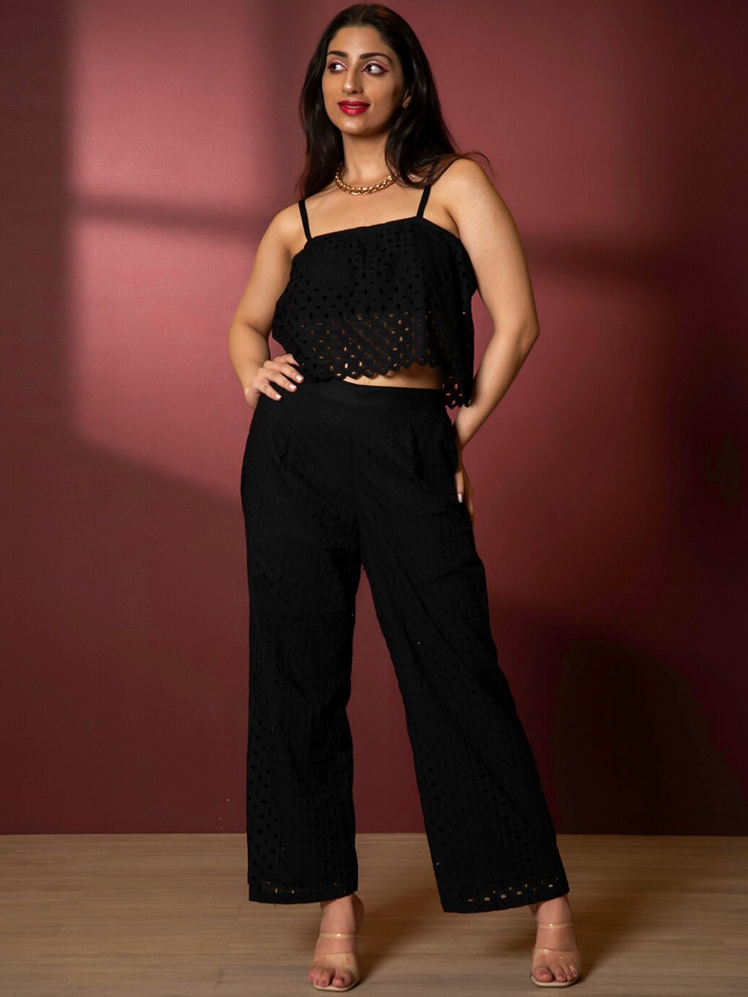 

Urban Sundari Square Neck Top With Flared Trouser Co-Ords, Black