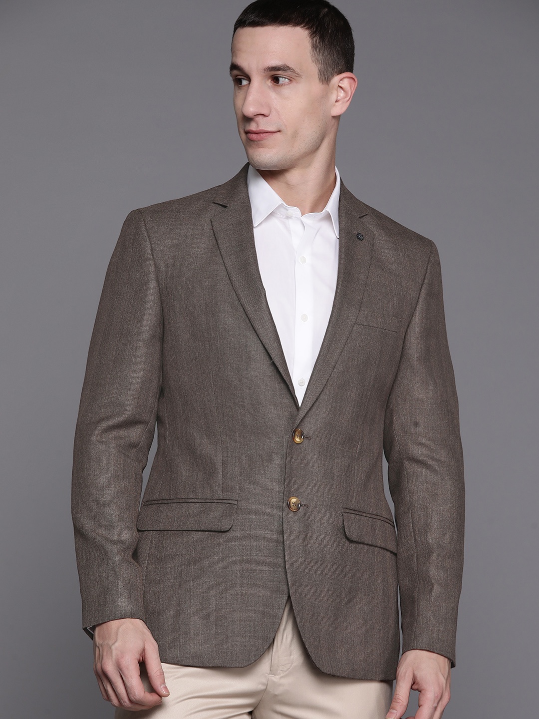 

Raymond Self-Checked Slim Fit Single-Breasted Formal Blazer, Brown