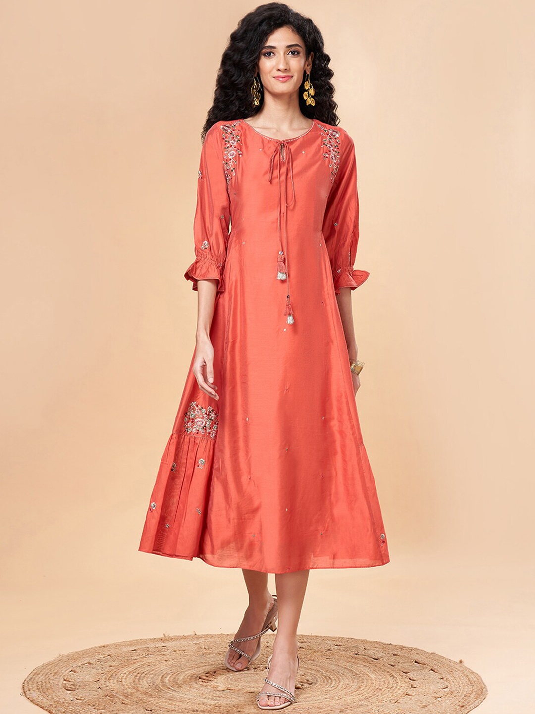 

Marigold Lane Floral Embroidered Bell Sleeves A-Line Midi Dress, Coral