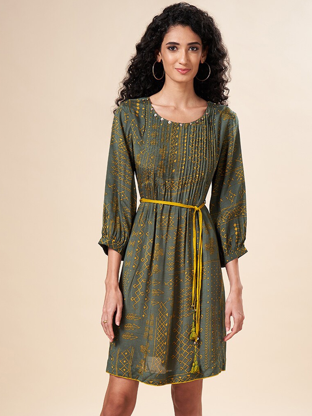 

Marigold Lane Ethnic Motifs Printed Tie Ups A Line Dress, Olive