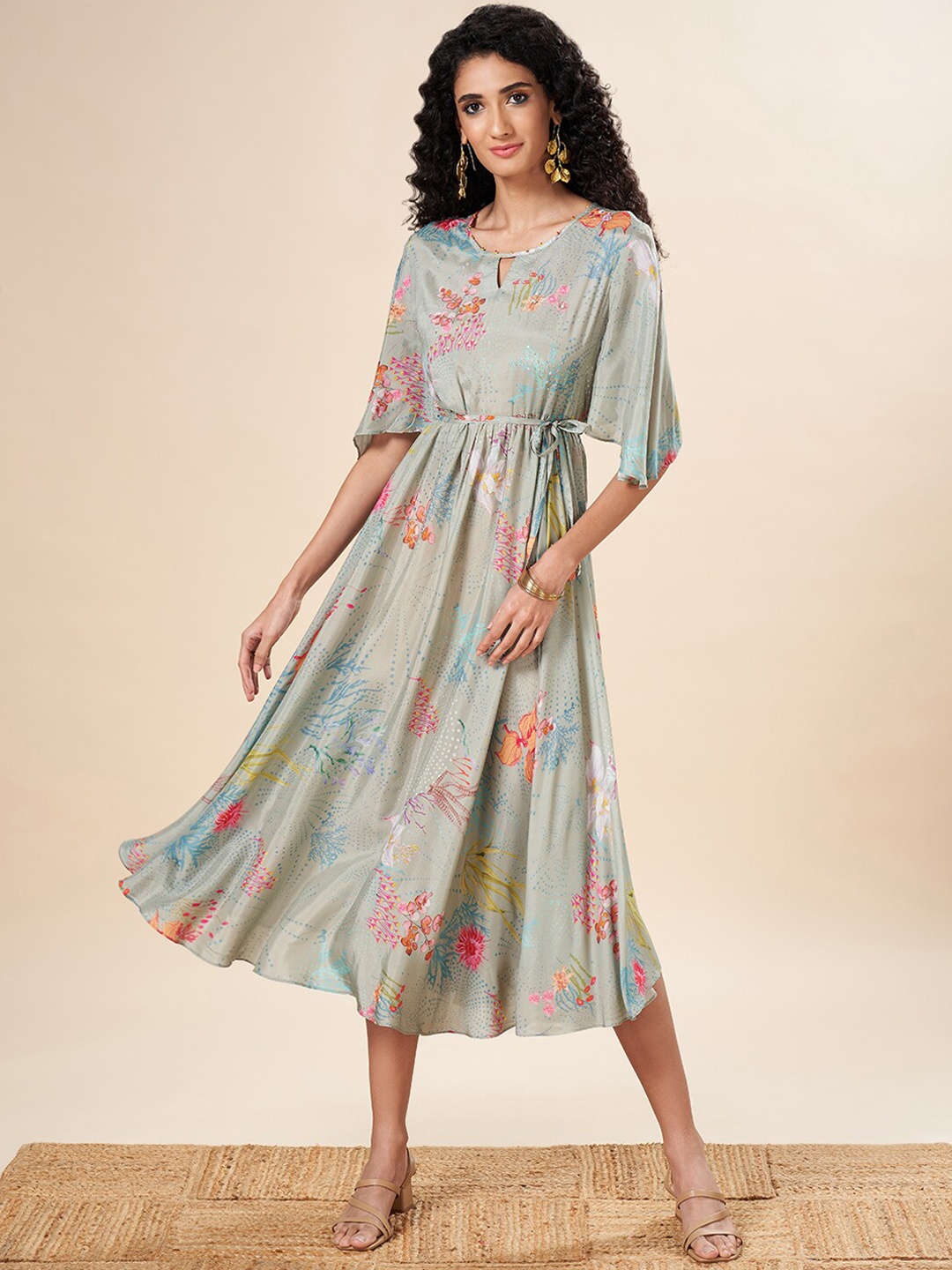 

Marigold Lane Floral Printed Silk A Line Dress, Grey