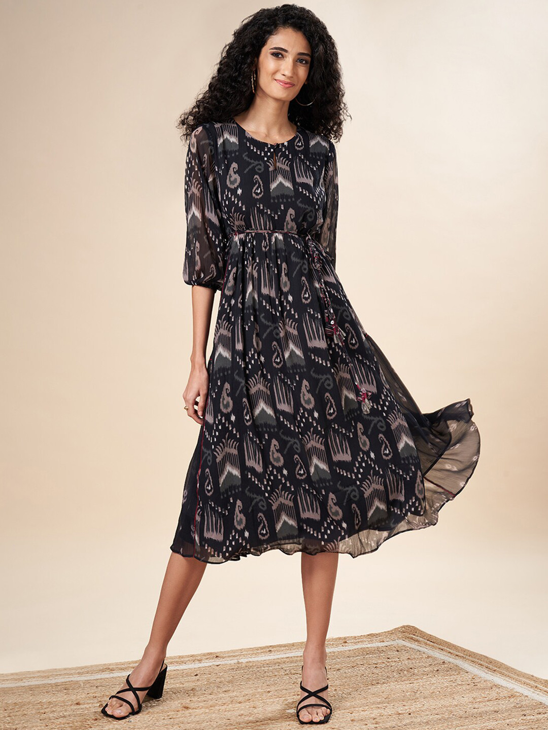 

Marigold Lane Ethnic Motifs Printed Tie Ups A Line Dress, Black