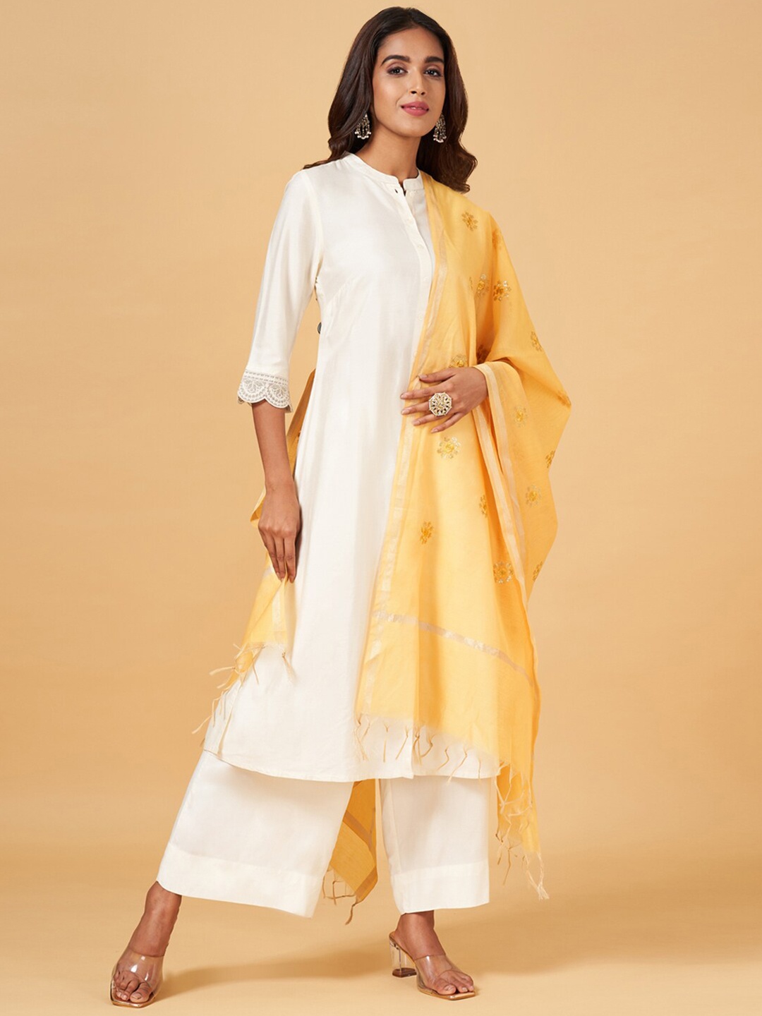 

RANGMANCH BY PANTALOONS Ethnic Motifs Embroidered Sequinned Silk Dupatta, Yellow