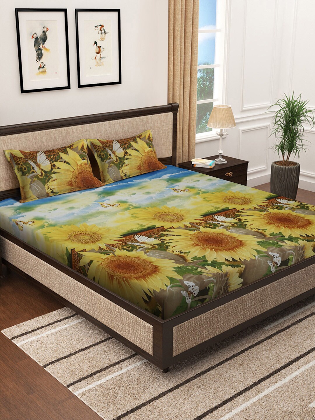 

KLOTTHE Blue & Yellow Floral Printed 300 TC King Size Double Bedsheet With 2 Pillow Cover