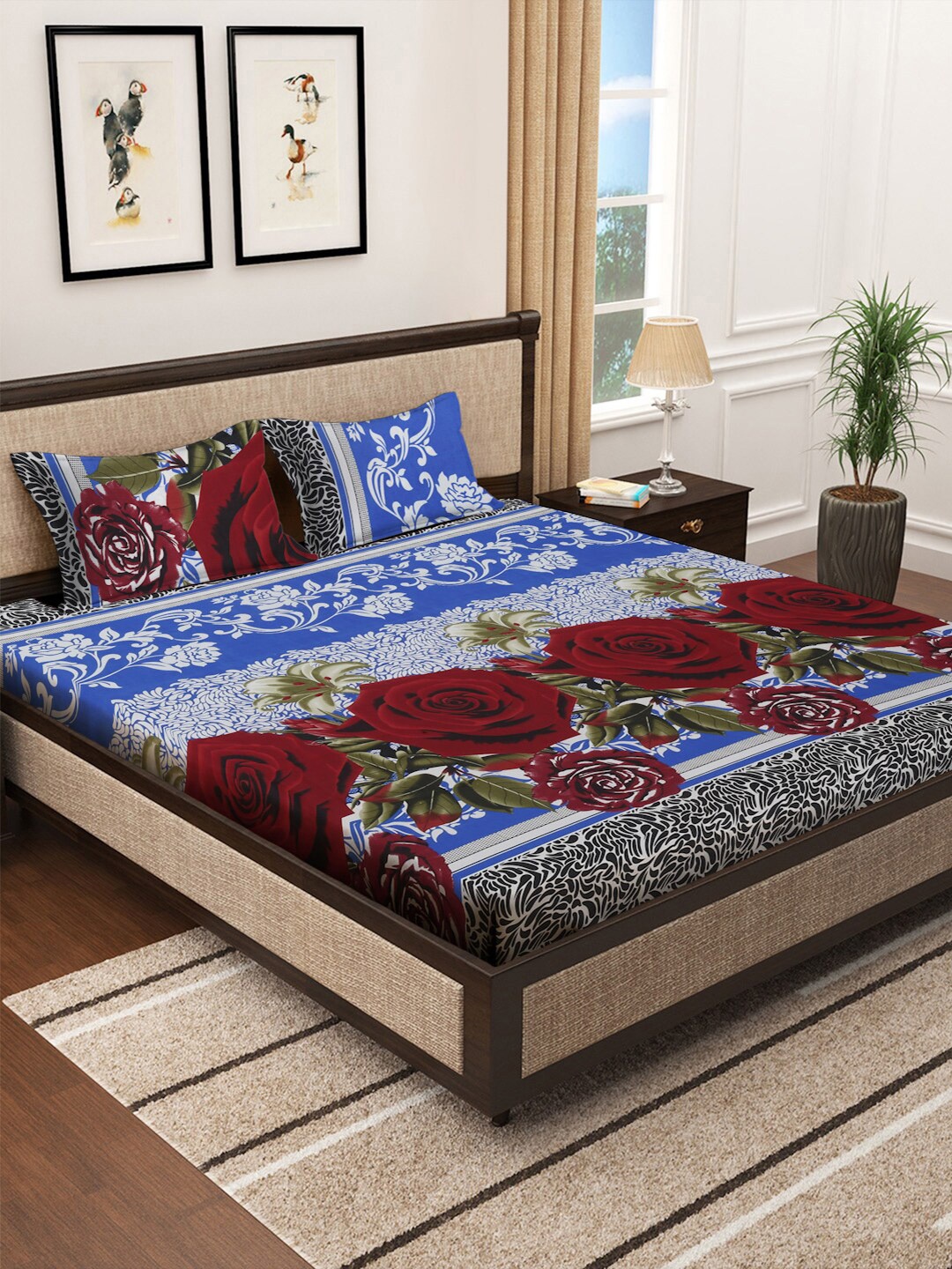 

KLOTTHE Blue & Red Floral 300 TC King Bedsheet With 2 Pillow Covers