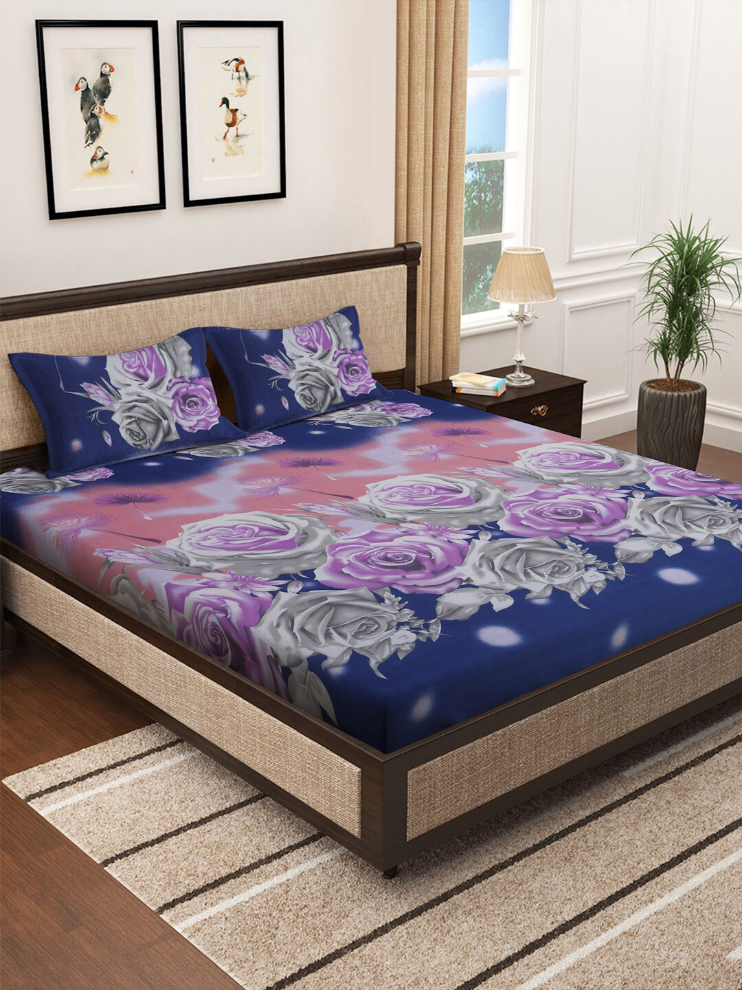 

KLOTTHE Blue & Purple Floral 300 TC King Bedsheet With 2 Pillow Covers