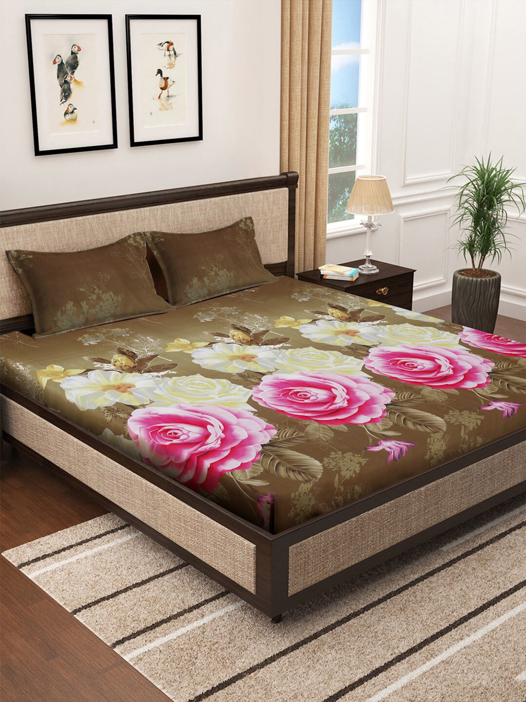 

KLOTTHE Brown & Pink Floral 300 TC King Bedsheet With 2 Pillow Covers