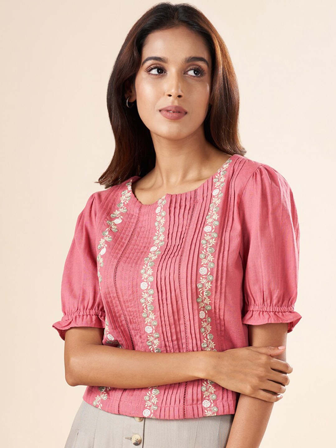 

AKKRITI BY PANTALOONS Floral Embroidered Pintucks Cotton Top, Pink