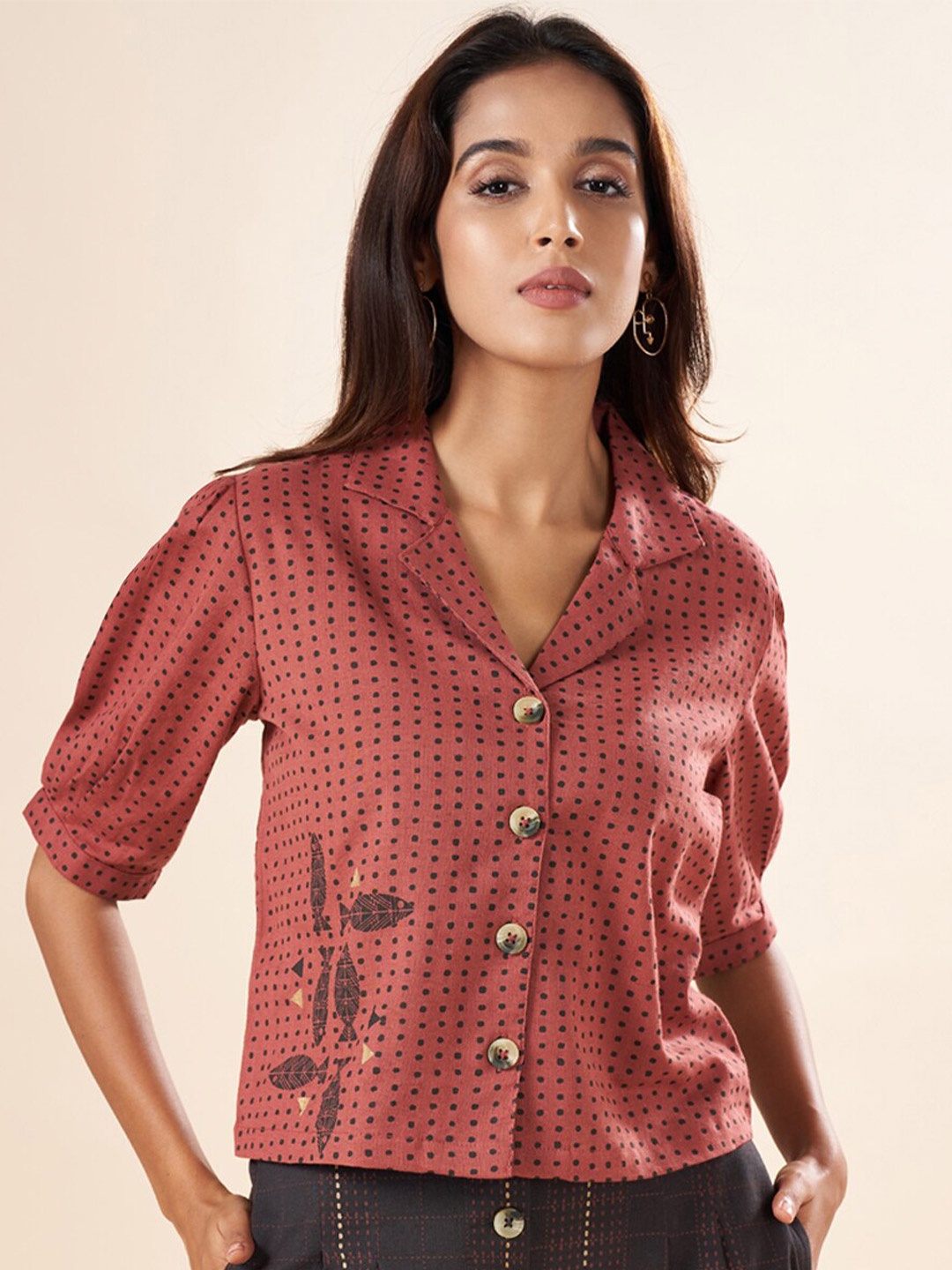 

AKKRITI BY PANTALOONS Geometric Printed Cotton Shirt Style Top, Rust