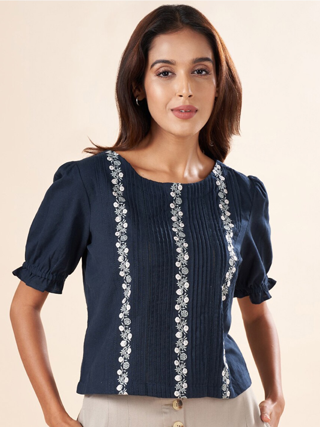 

AKKRITI BY PANTALOONS Floral Embroidered Round Neck Puff Sleeves Cotton Regular Top, Navy blue