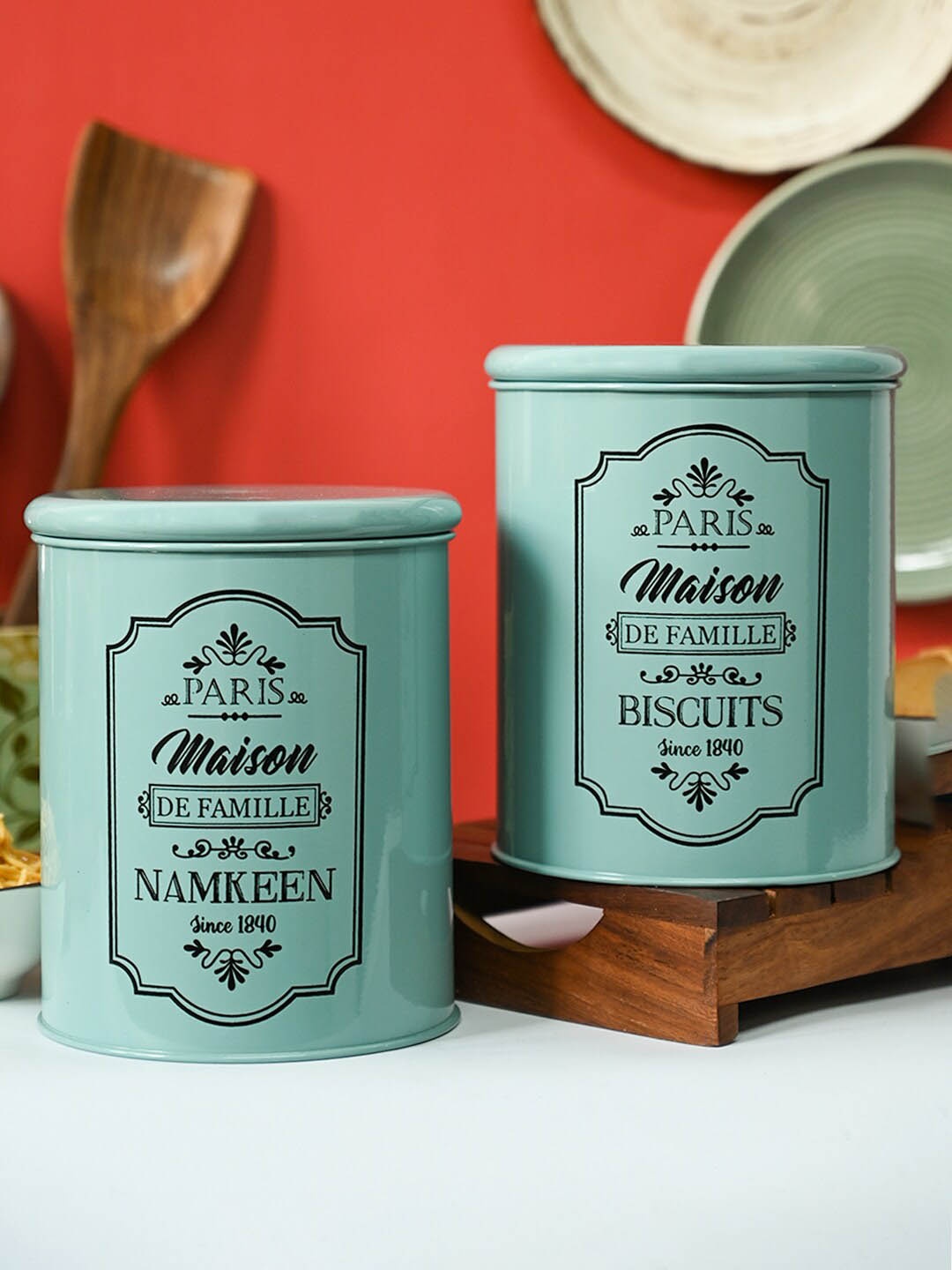 

MARKET99 Green & Black 2 Pieces Printed Metal Biscuite & Namkeen Jar 1700 ML Each