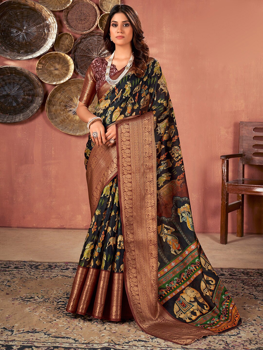 

Saree mall Black & Brown Bagh Printed Zari Sungudi Sarees