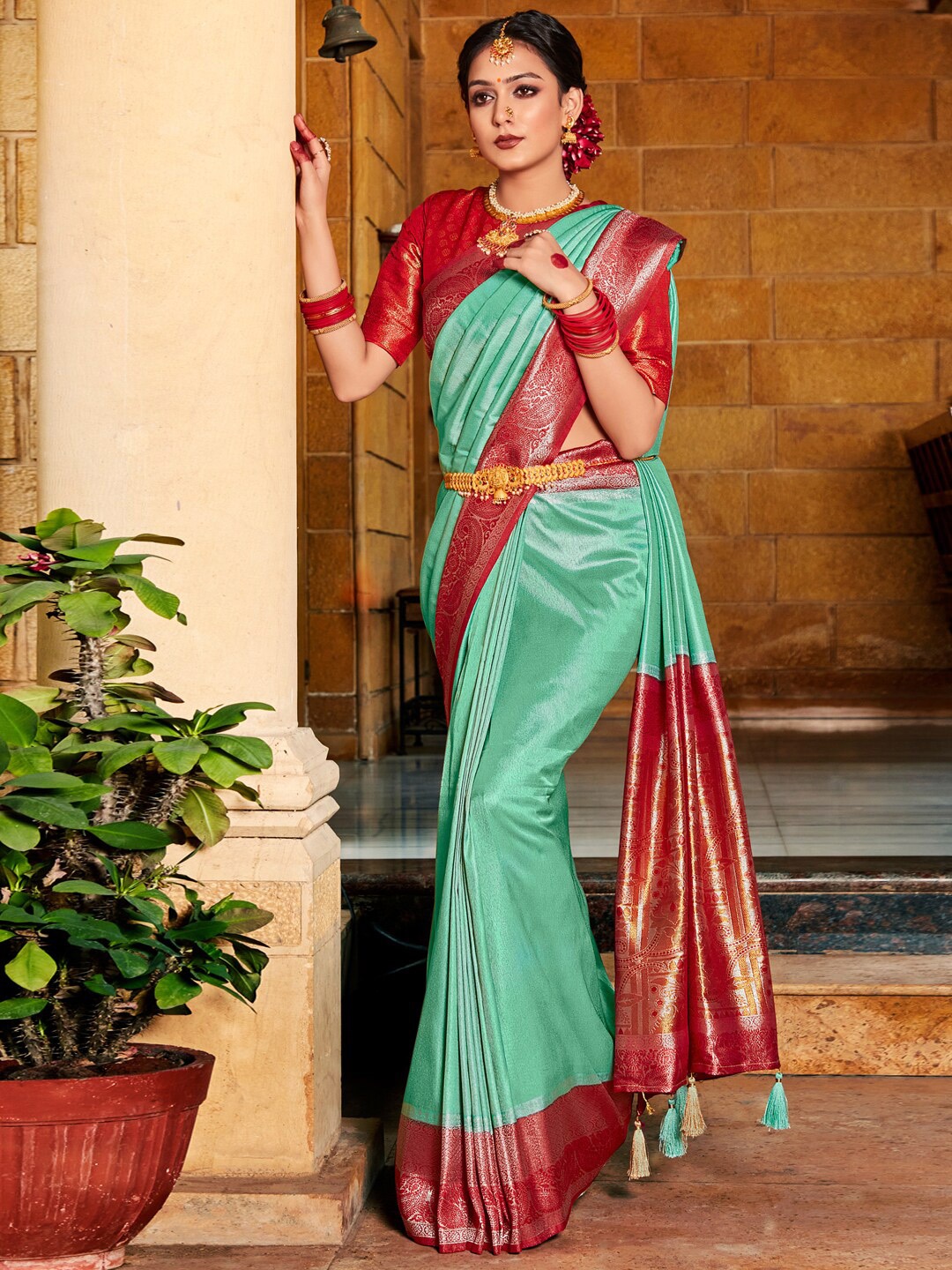 

Saree mall Turquoise Blue & Red Silk Blend Kanjeevaram Sarees