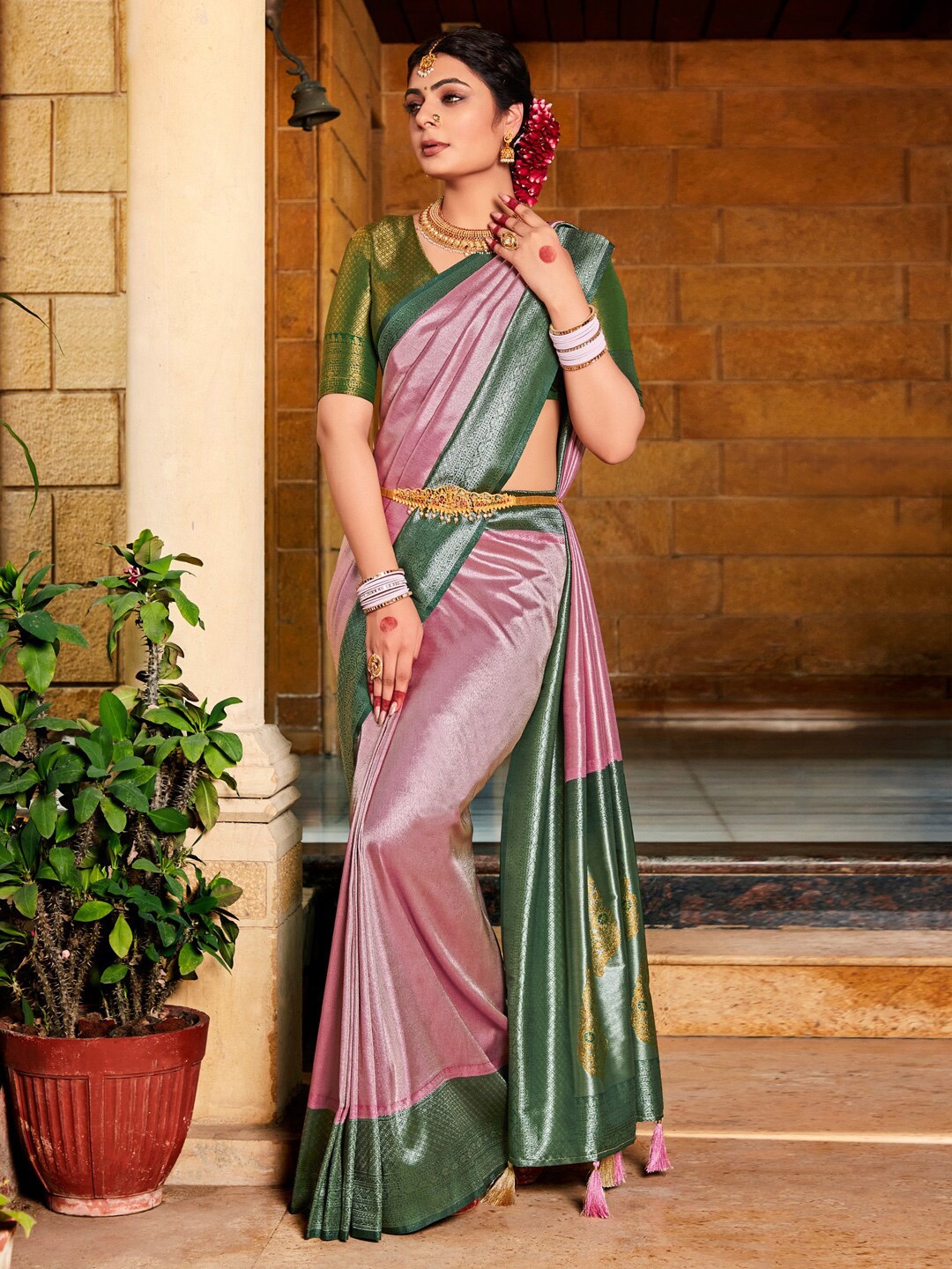 

Saree mall Mauve & Green Silk Blend Kanjeevaram Sarees