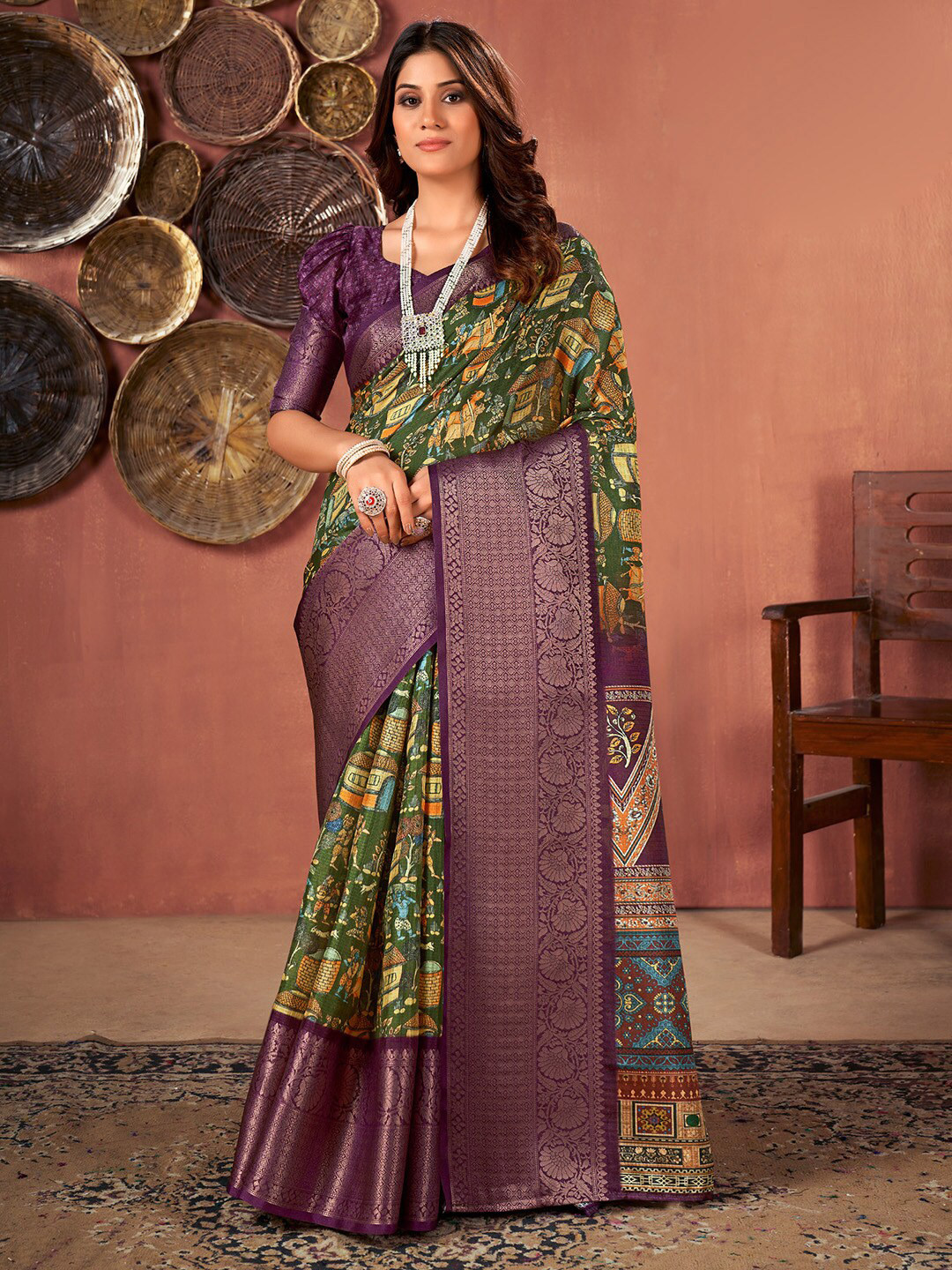 

Saree mall Green & Purple Ethnic Motifs Printed Sungudi Sarees