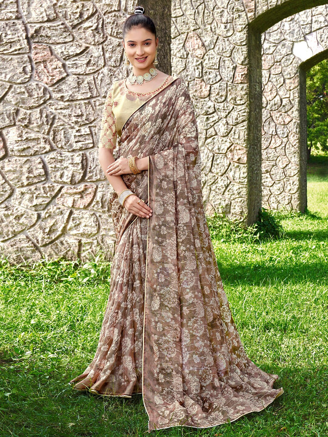 

Saree mall Brown Floral Printed Pure Chiffon Designer Sarees