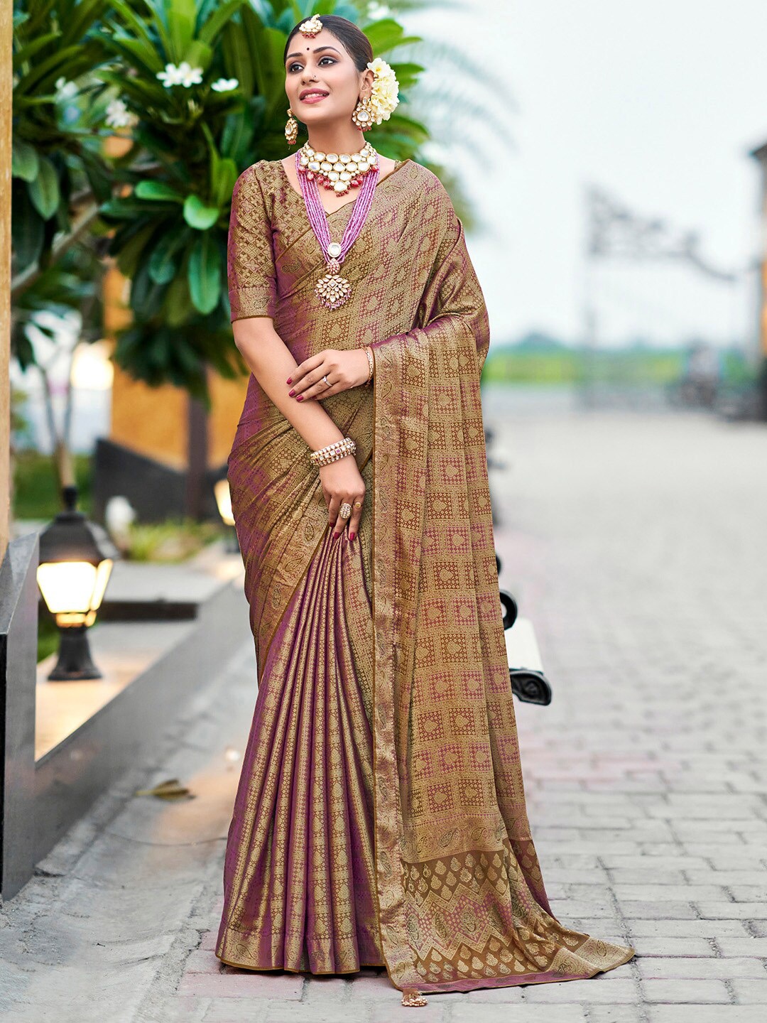 

Saree mall Brown Ethnic Motifs Woven Design Silk Designer Banarasi Sarees