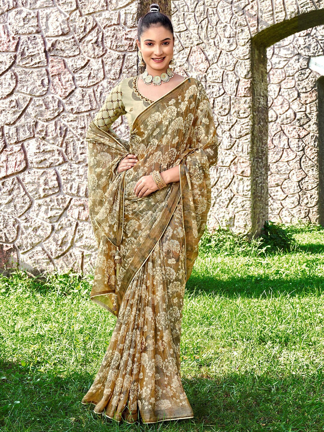 

Saree mall Brown Floral Printed Pure Chiffon Sarees