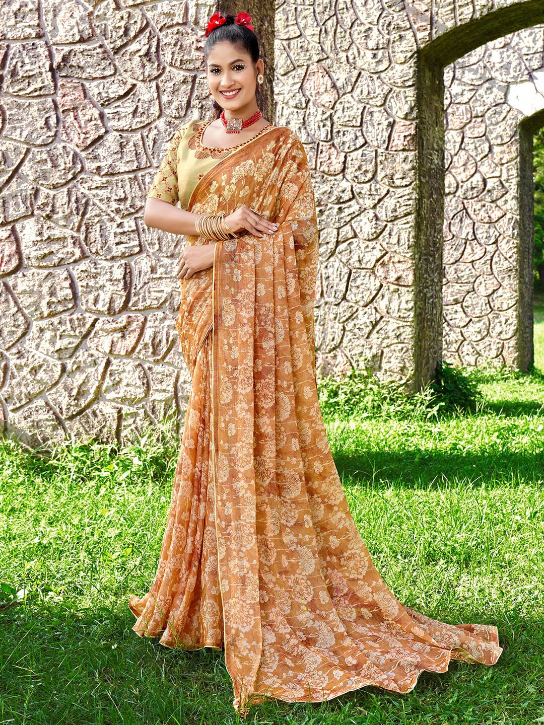 

Saree mall Floral Printed Poly Chiffon Saree, Orange