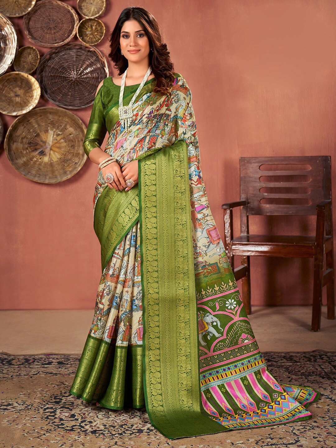 

Saree mall Kalamkari Printed Zari Sungudi Sarees, Cream